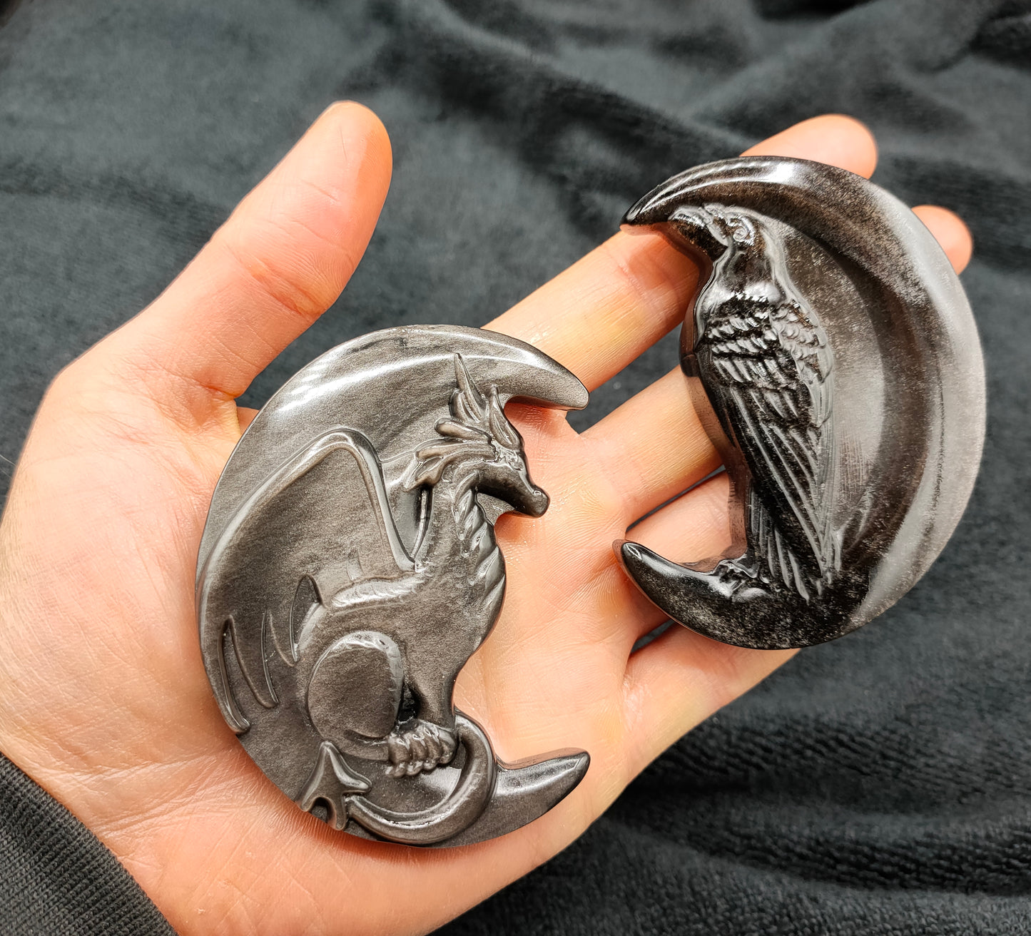 10X LARGE SILVER OBSIDIAN MOON CARVINGS