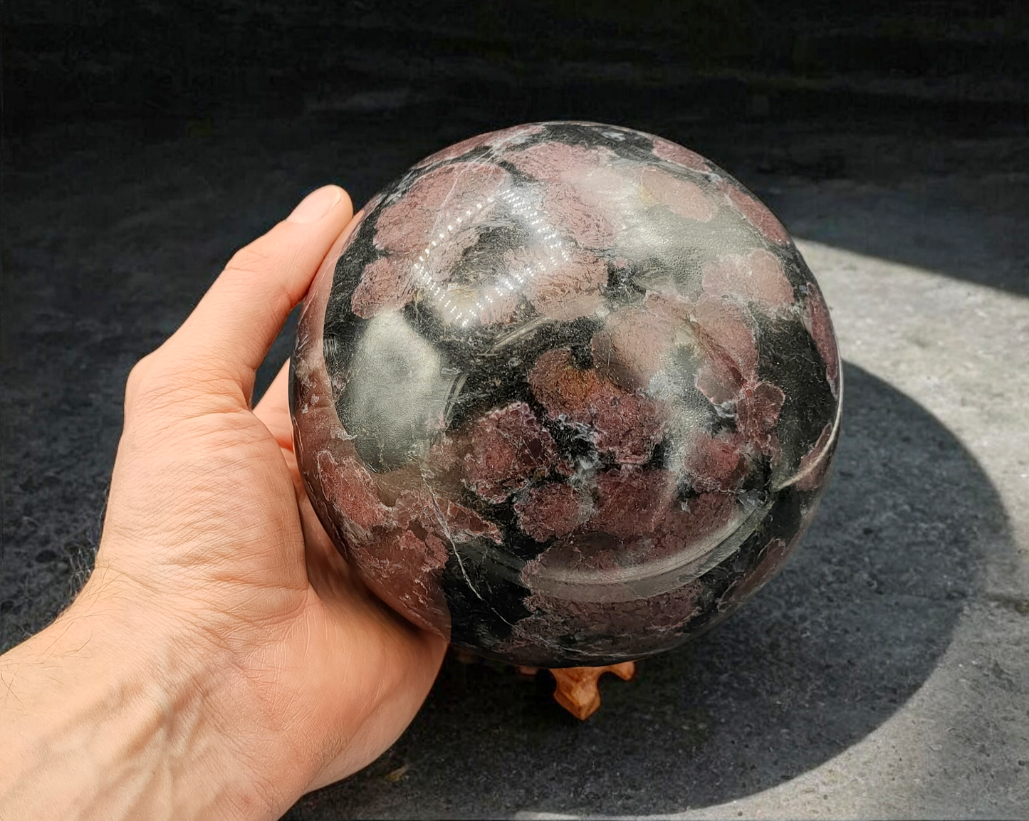 LARGE GARNET IN ARFVEDSONITE SPHERE 135MM+