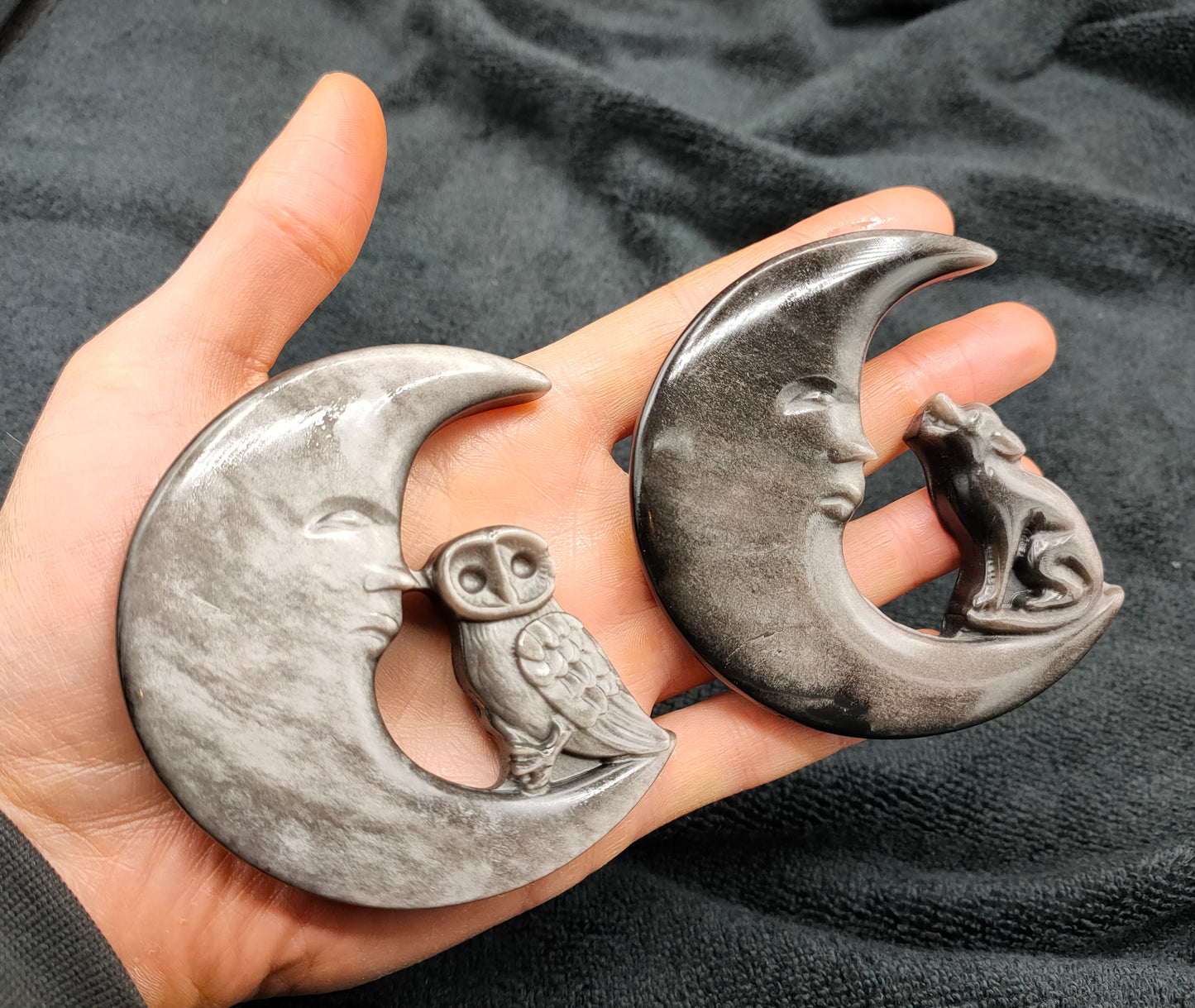 10X LARGE SILVER OBSIDIAN MOON CARVINGS