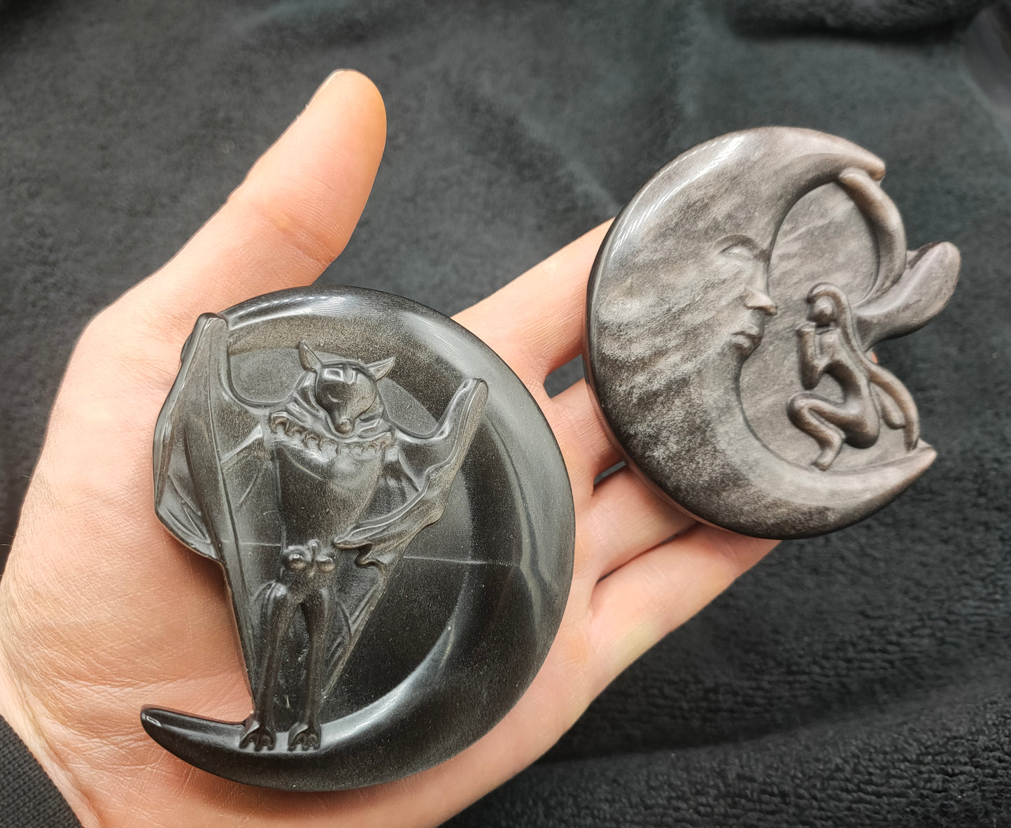 10X LARGE SILVER OBSIDIAN MOON CARVINGS